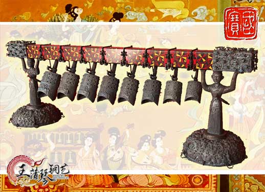 8件古編鐘，銅人銅座裝飾，可發(fā)音